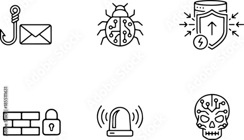 Comprehensive collection of cybersecurity and digital threat icons featuring phishing hook, computer virus bug, data firewall protection, server security, alarm, and cyber skull symbols.