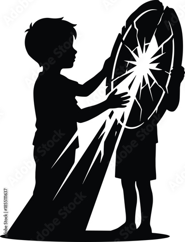 Child silhouette healing inner self through mirror reflection, emotional recovery concept, self care and growth, childhood resilience, inner light restoration, black and white illustration