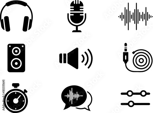 Comprehensive audio and music production icon set featuring headphones, microphone, sound waves, speaker, volume, aux cable, stopwatch, and equalizer sliders in solid black.