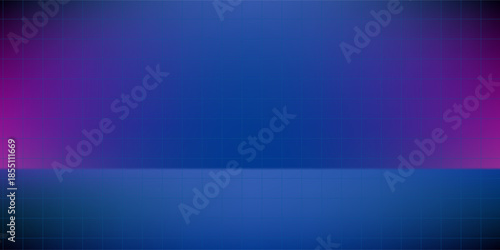 Neon background in 80s style, laser grid illustration with floor and shiny white door. Abstract disco club interior with star sky, poster template for vaporwave, synthwave music style.