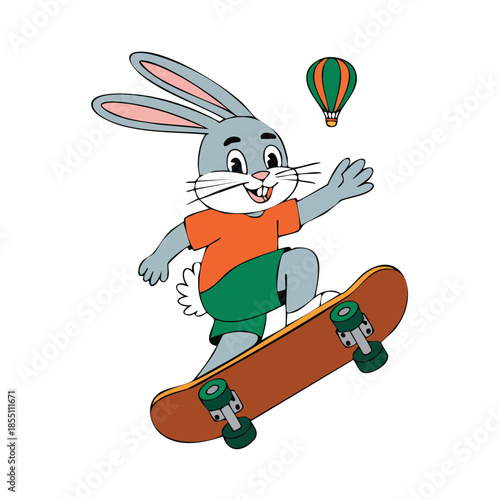 Playful cartoon rabbit skateboarding on a ramp.