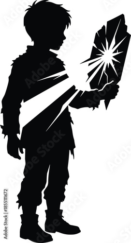 Child silhouette holding glowing crystal, inner light and self discovery concept, resilience and hope, emotional strength, personal transformation, black and white illustration