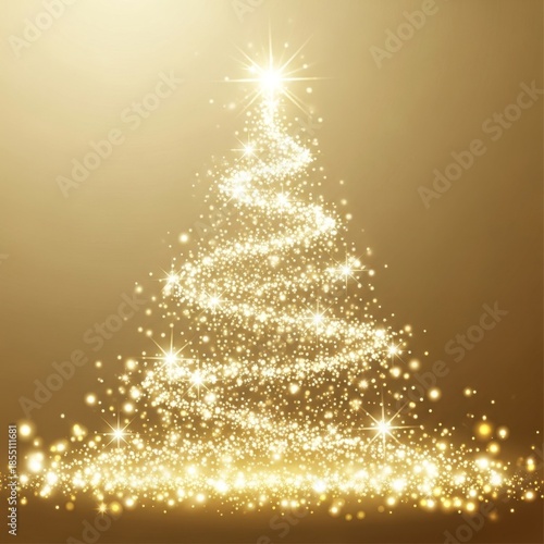 An abstract sparkling Christmas tree on a gold background. Ideal for holiday promotions, festive cards, and seasonal marketing campaigns, exuding joy