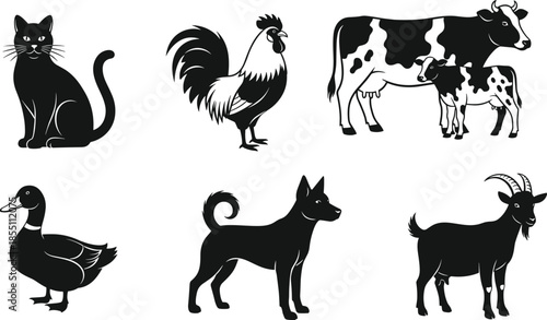 Farm animal icon set, cat, dog, rooster, cow, duck, goat, black and white vector illustration, livestock silhouette, isolated design