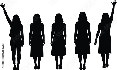 Women silhouettes standing and raising hands expressing confidence, freedom, empowerment, individuality and modern feminine lifestyle on white background illustration