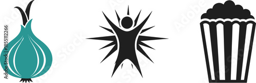 or onion logo, Burning Man symbol, popcorn icon, privacy, festival, entertainment, black and white vector illustration, cultural tech symbols, isolated