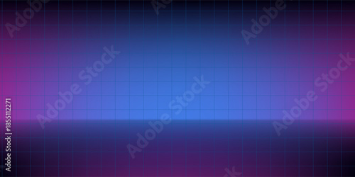 Neon background in 80s style, laser grid illustration with floor and shiny white door. Abstract disco club interior with star sky, poster template for vaporwave, synthwave music style.