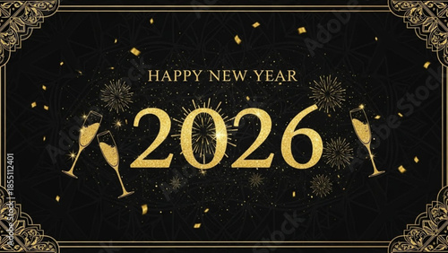 Happy New Year 2026 celebration with champagne glasses and confetti elegant gold and black design for festive greeting