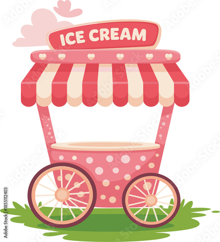 Colorful Pink Ice Cream Cart Vector Illustration Featuring a Striped Awning for Summer Dessert Business Branding