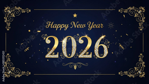 Happy New Year 2026 text with golden ornate frame sparkling confetti and dark blue background festive celebration conc