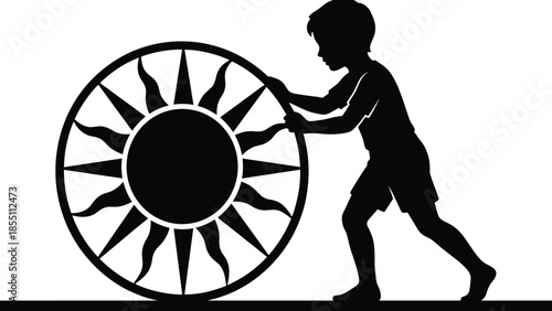 Child silhouette pushing sun wheel forward, motivation and life energy concept, personal growth, determination, progress and positivity, childhood strength, black and white illustration