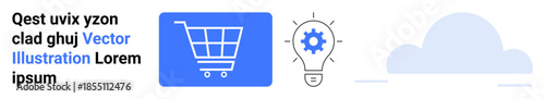Online shopping, innovation, cloud technology, data storage, creativity, business solutions. Blue shopping cart icon, gear in a lightbulb cloud outline. E-commerce and innovation