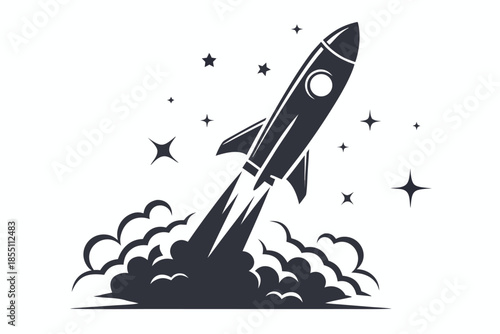 Stylized black spacecraft soars through clouds amidst distant stars on a white background