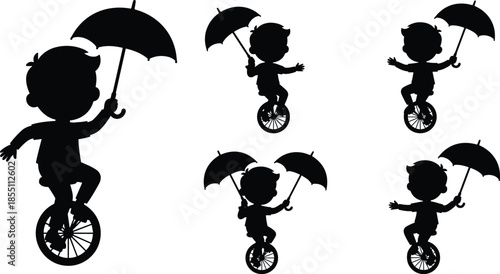 Child silhouette riding unicycle with umbrella, playful balance and imagination concept, whimsical childhood freedom scene, minimalist monochrome vector illustration set