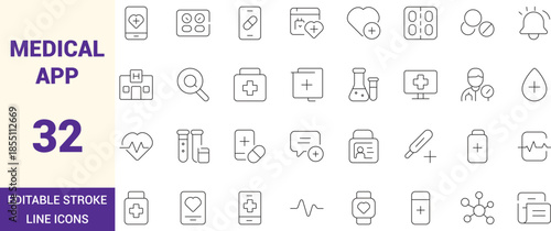 Medical app line icons set with editable stroke, clean outline symbols for healthcare, diagnosis, pharmacy and hospital services for UI UX, apps and web interfaces.