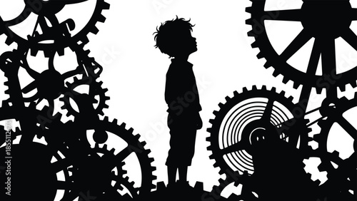 Child silhouette standing among giant gears, curiosity and learning about time and machinery, imagination and discovery concept, monochrome vector illustration