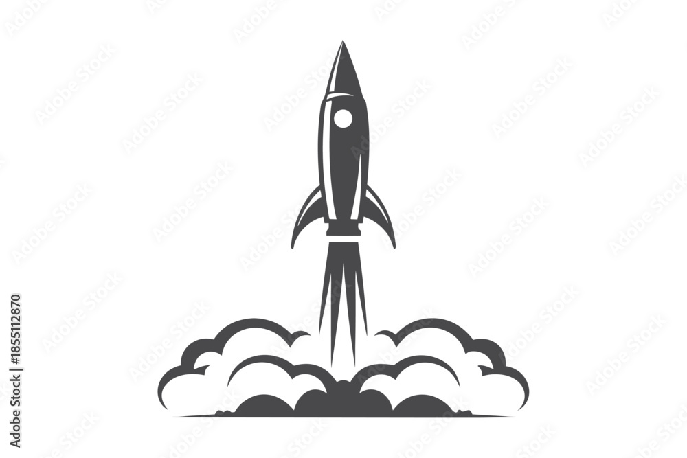 Fototapeta premium Stylized rocket launches through smoke clouds in a illustration,isolated on white