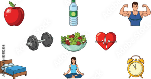 Healthy lifestyle including apple, water bottle, muscular man, dumbbells, salad, heart, bed, meditating woman, and alarm clock