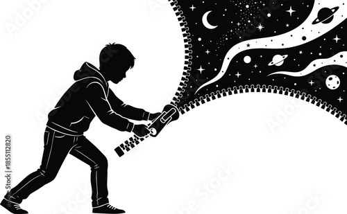 Child silhouette unzipping universe into outer space, imagination and curiosity concept, cosmic discovery and creativity theme, monochrome vector illustration