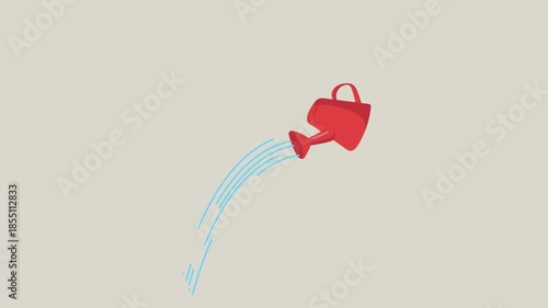 Cartoon Red Watering Can Animation Pouring Water for Gardening, Plant Care, and Nature Growth Concept