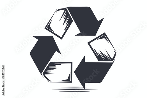 Stylized recycling symbol conveys environmental responsibility through its dark shadowed monochrome elements