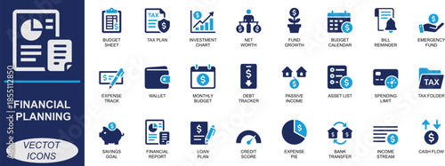 Financial planning Solid vector icon set. Featuring budget, savings, income, tax, expense, loan, and report symbols. Perfect for apps, UI, fintech, dashboards, and reports.