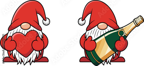 Cute Christmas Gnomes Vector Set Featuring Festive Characters Holding a Large Red Heart and Champagne