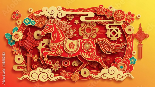 Traditional Chinese horse illustration paper cut art with floral elements and auspicious symbols celebrating Lunar New