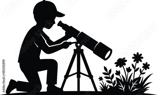 Child silhouette using telescope for astronomy exploration, science learning concept, curiosity and discovery, stargazing education, childhood interest, black and white illustration
