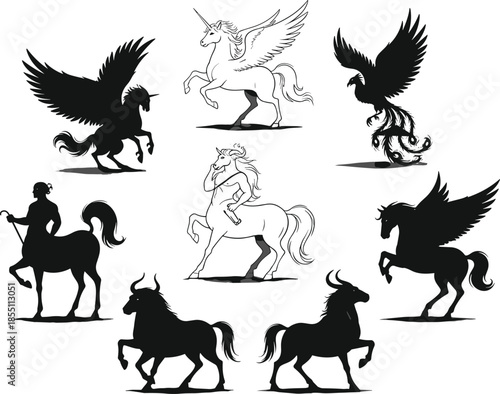 Mythical creatures and animals in black and white unicorn pegasus griffin