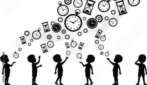 Children silhouettes imagining flowing time with clocks and hourglasses, concept of growth and learning, creative childhood imagination, monochrome vector illustration