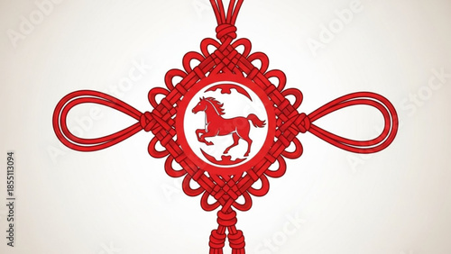 Red Chinese knot with horse symbol traditional good luck charm for New Year and celebrations isolated on white