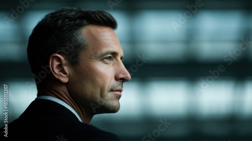 A pensive man in profile, dressed in a suit, gazes thoughtfully in a modern, softly lit environment.