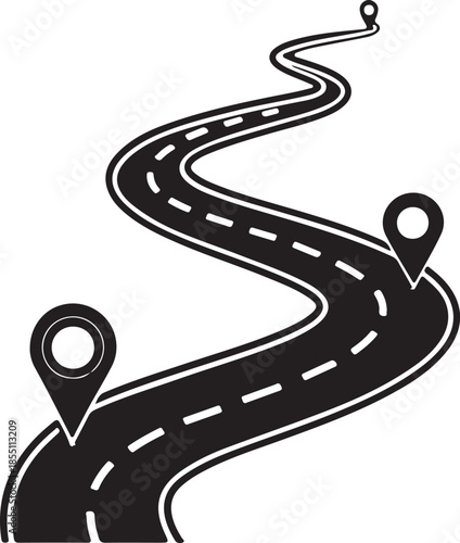 Winding road with location pins on a
