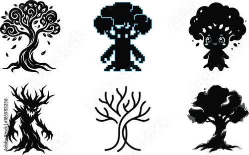 Fantasy tree spirit silhouettes and magical woodland creatures, nature mythology character illustration set, enchanted forest symbols, monochrome vector art collection