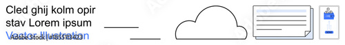 Cloud storage, digital organization, data management, online access, remote services, technology integration. Cloud icon, documents and a digital ID card . Cloud storage and digital organization