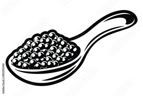 Stylized Spoon with Black Caviar on White Background