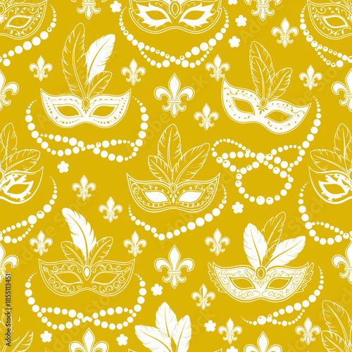 Mardi Gras carnival masks and fleur de lis seamless pattern on yellow background