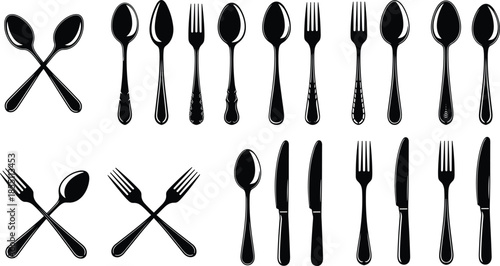 PrintBlack cutlery silhouette icons set featuring spoons, forks, knives, crossed silverware, kitchen utensils, restaurant tools, and dining equipment vector flat illustrations