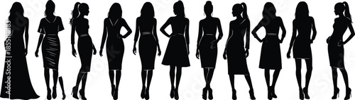 PrintBlack fashion silhouettes set of elegant women, female model poses in dresses and high heels, stylish lady figures, isolated vector.