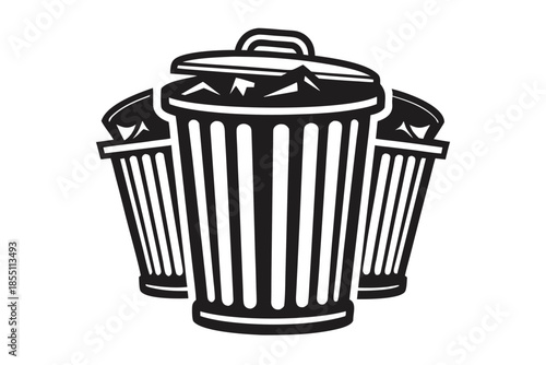 Three stylized trash cans arranged closely together exhibit black and white artwork