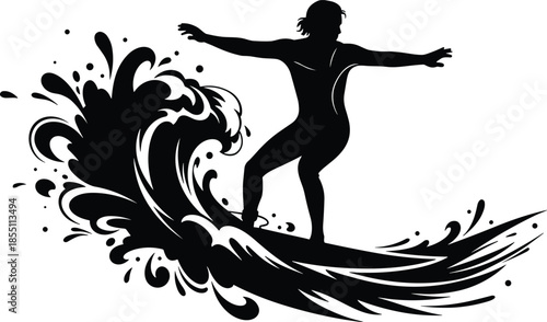 Silhouette of a person surfing on a wave with splashing water