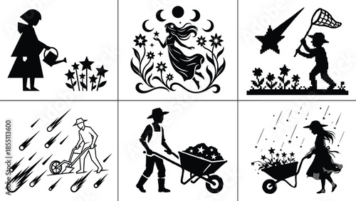 Magical gardening silhouettes harvesting stars and dreams, fantasy night scenes with children and farmers, whimsical storytelling illustration set, monochrome vector art