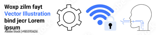 Gear icon, wireless signal with a padlock, and a human profile with speech lines. Ideal for tech security, communication, data privacy, innovation, speech recognition, automation simple landing page