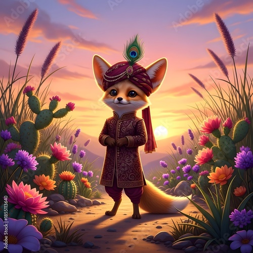 A majestic fox in traditional attire standing amidst vibrant desert flora at sunset
