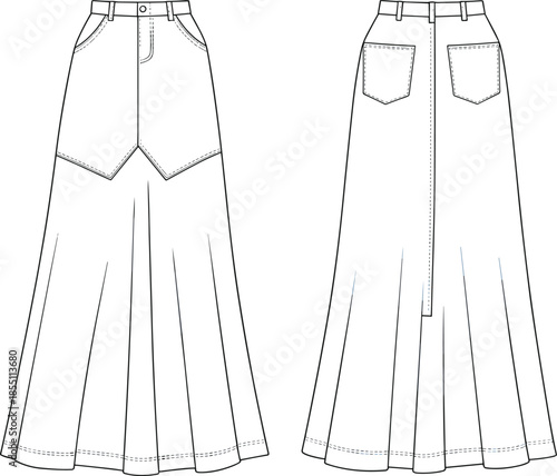 PrintDenim maxi skirt flat sketch, long jean skirt technical drawing, female bottom template, apparel design vector mockup, fashion CAD illustration.