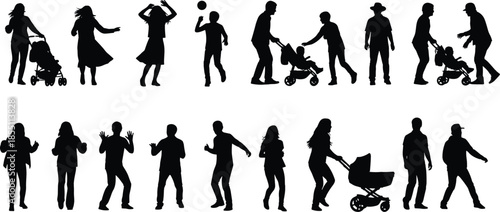 Silhouettes of people with strollers and various activities in black and white baby