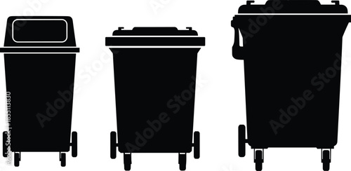 PrintBlack trash bin silhouette icons set featuring garbage containers, waste baskets, recycling bins, urban refuse management, and sanitation equipment vector illustrations