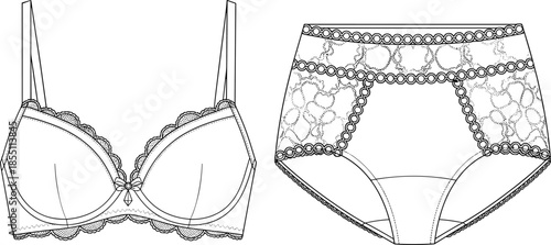 PrintLingerie flat sketch, female bra and high waist panty technical drawing, lace underwear set template, apparel design vector mockup illustration, fashion.