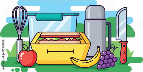 Picnic food preparation kit with whisk plastic container sandwich box thermos flask and fruit knife